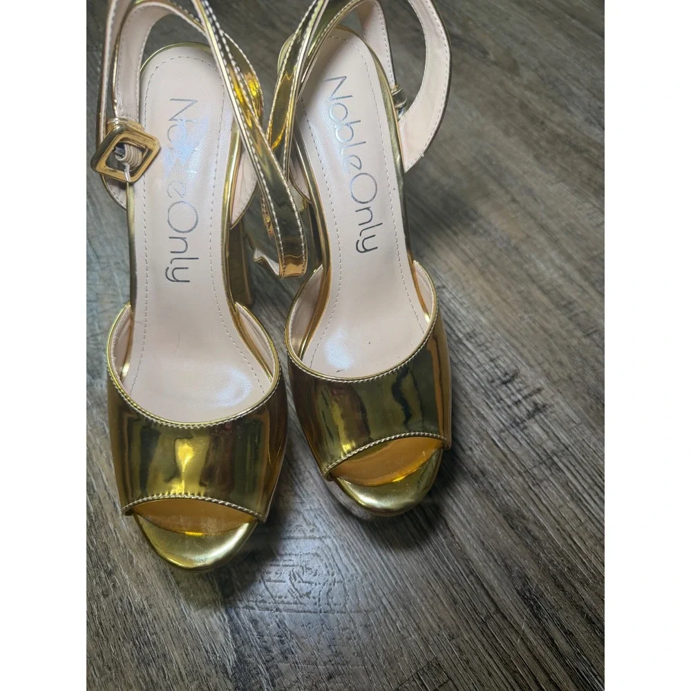 NobleOnly Gold Metallic Platform Heels 7.5 Mirror Block Heel Sandals YG86-X40